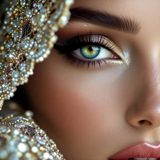 The image shows a close-up view of a woman's face with her eyes partially hidden behind a gold and white lace headpiece. The woman has long brown hair that falls over her shoulders, and she is wearing a gold and white headpiece adorned with small diamonds on the sides.