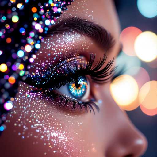The image shows a close-up view of an eye with blue and purple glittery makeup applied around it. The background is blurred, but the colors appear to be a mix of pink, orange, and yellow lights.