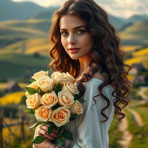 A young woman with long brown hair is standing on a dirt road surrounded by lush green hills and fields of yellow flowers. She is holding a bouquet of white roses against the backdrop of the picturesque landscape.