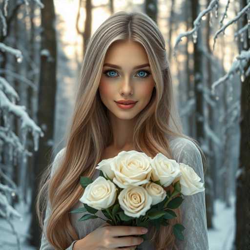 A young woman with blonde hair is standing in a snowy forest, holding a bouquet of white roses and green leaves.