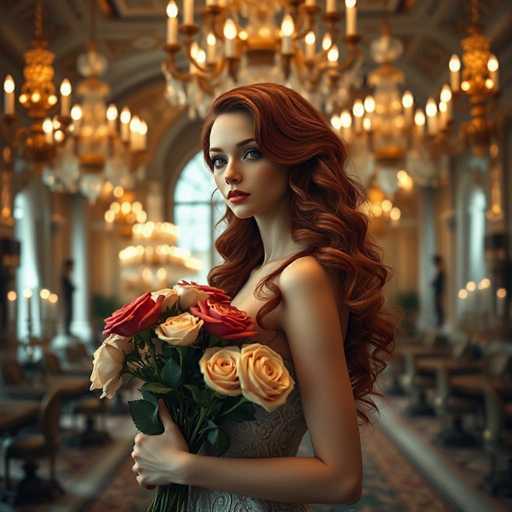 A woman with long red hair is standing in a grand room filled with chandeliers and ornate decorations. She is wearing a white dress that contrasts with her fiery hair color. The woman holds a bouquet of roses in her hands, which are predominantly pink and yellow hues.