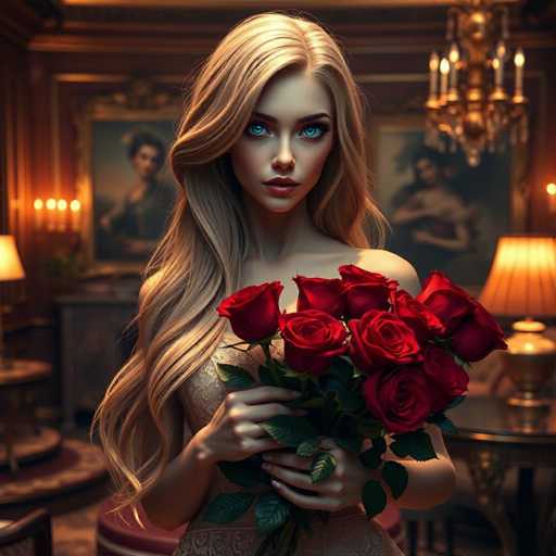 A woman with blonde hair and blue eyes is standing in a room filled with antique furniture and paintings on the walls. She is holding a bouquet of red roses in her hands.