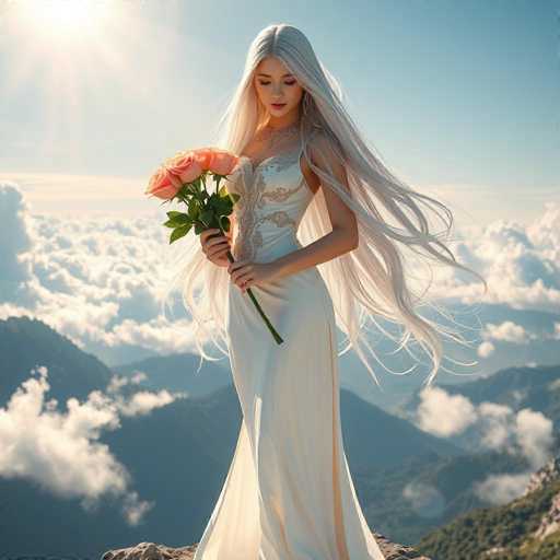 A woman with long blonde hair is standing on a cliff overlooking a mountain range and holding a bouquet of pink roses.