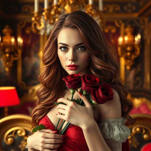 A woman with long brown hair is standing in a room filled with gold and red decorations. She is wearing a red dress that contrasts with the gold accents around her. The woman holds two roses in her hands, one of which has green leaves.