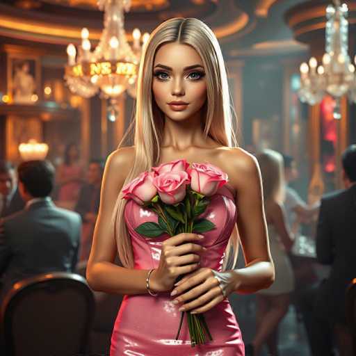 A woman with blonde hair is standing in a dimly lit room, holding a bouquet of pink roses and wearing a pink dress that matches the color of the flowers she holds. The background shows other people sitting at tables, suggesting this could be a social gathering or event.