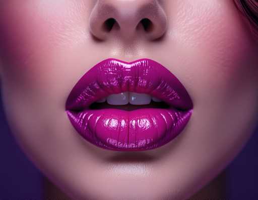 The image shows a close-up view of a woman's face with her lips open wide and revealing the vibrant purple lipstick she is wearing. The background is a solid purple color that contrasts with the pink lipstick on her lips, making them stand out prominently in the frame.
