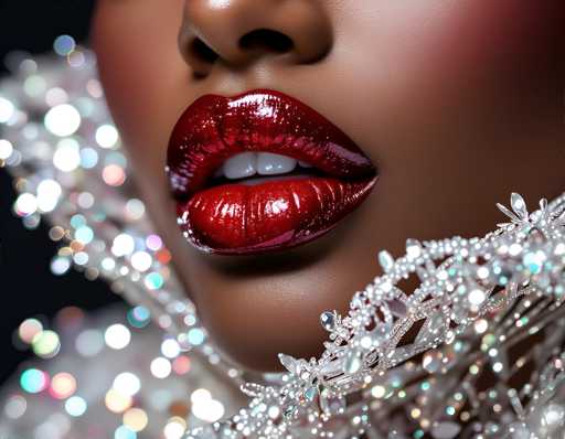 The image shows a close-up view of a person's face with red lipstick and a silver necklace featuring white flowers. The background is black, which contrasts with the vibrant colors of the lips and necklace.