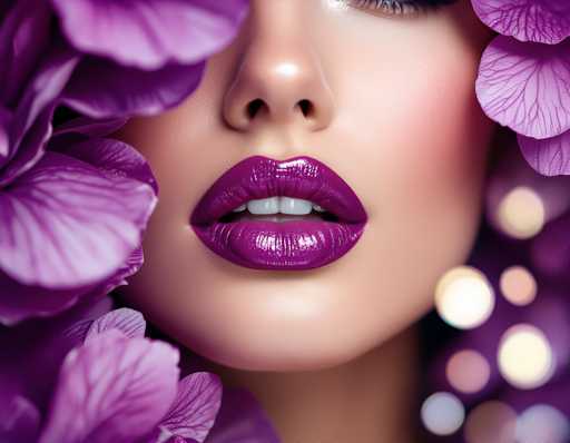 The image shows a close-up view of a woman's face with her lips painted a vibrant shade of purple and her eyes closed. The background is blurred, but it appears to be a garden or park setting filled with purple flowers.