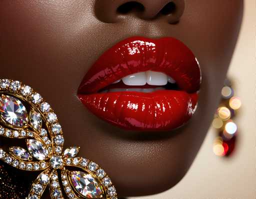 The image shows a close-up view of a person's face with their lips and teeth prominently displayed. The lips are painted a striking shade of red, while the teeth are white. A large, ornate gold earring is positioned on the left side of the photo, adding an elegant touch to the overall composition.
