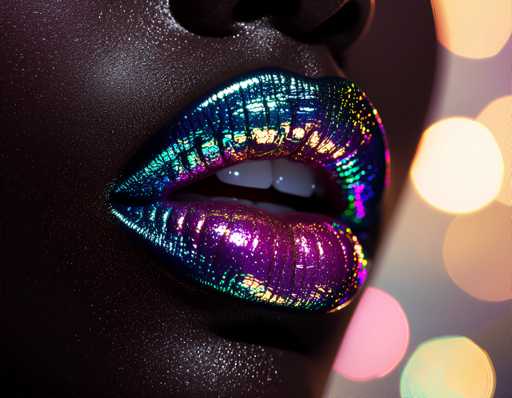 The image shows a close-up view of a person's lips with vibrant and colorful metallic lipstick. The lipstick has a shimmering effect that catches the light, giving it an ethereal quality. The background is blurred, drawing focus to the lips and their striking appearance.