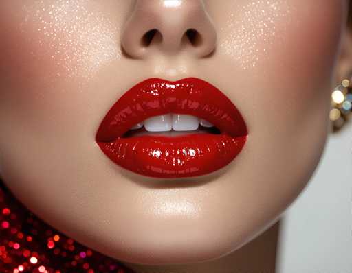 The image shows a close-up view of a woman's face with her lips and cheeks prominently featured. The woman is wearing a red dress that stands out against the white background. Her lipstick is a vibrant shade of red, adding a pop of color to the scene. The focus on these features suggests an artistic or fashion-oriented context, possibly for a magazine cover or advertisement.