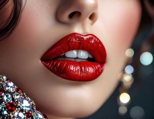 The image shows a close-up view of a woman's face with her lips and teeth prominently displayed. The woman is wearing a pair of gold earrings that add an elegant touch to the overall look. The background appears to be blurred, drawing focus to the subject in the foreground.