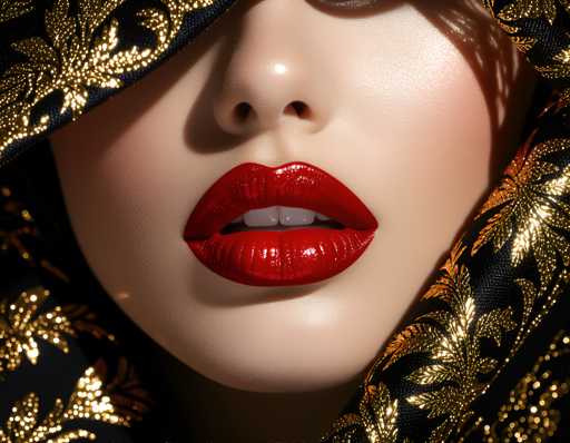 The image shows a close-up view of a woman's face with striking red lipstick and gold accents on her hair and clothing. The background is blurred, drawing attention to the subject.
