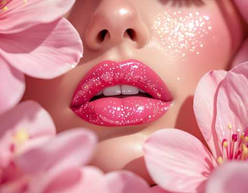 The image shows a close-up view of a woman's face with her lips painted in a vibrant shade of pink and adorned with glittery accents. The background is blurred, but it appears to be a garden filled with pink flowers.