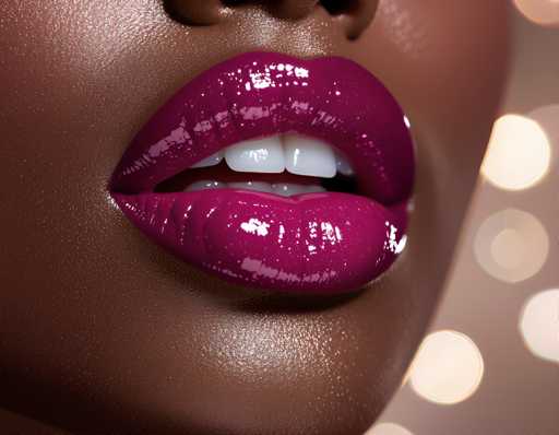 The image shows a close-up view of a person's mouth and face, focusing on their lips and cheekbones. The lips are painted a vibrant shade of purple, which stands out against the light brown background. The eyes are also visible in the frame, adding to the overall composition.