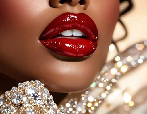 The image shows a close-up view of a woman's face with her lips painted a bold red color and her eyes closed. The background is blurred, but it appears to be a light brown or tan color that complements the red lipstick on the woman's lips.