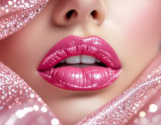 The image shows a close-up view of a woman's face with her lips and nose prominently featured. The lips have a glossy pink color that stands out against the light pink background. The woman is wearing a shimmering dress made of sequins in shades of pink and white, which adds to the overall sparkle and glamour of the scene.