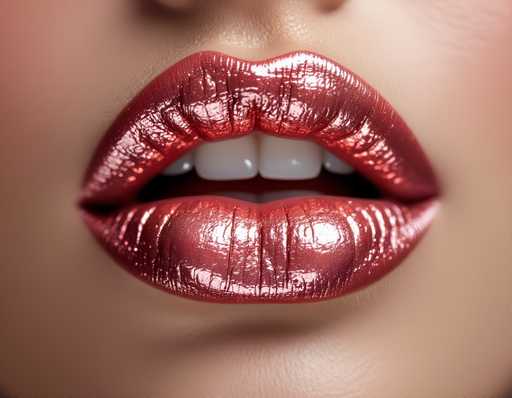 The image shows a close-up view of a woman's lips and mouth. The lips appear to be painted with a metallic red lipstick, giving them an elegant and sophisticated look. The woman is the main subject in the image, positioned centrally against a gray background that contrasts with her vibrant lipstick.