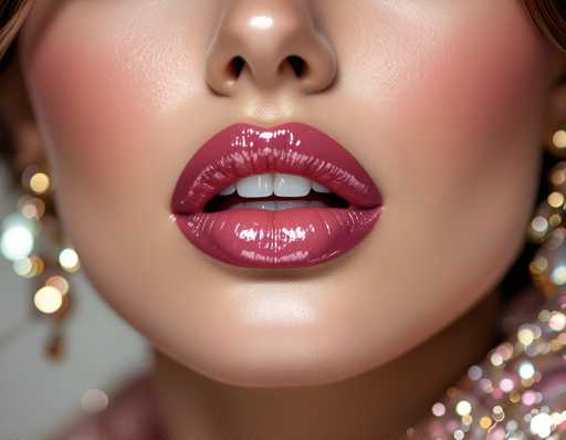 The image shows a close-up view of a woman's face with her lips and cheeks prominently featured. The woman is wearing gold earrings that catch the light, adding an elegant touch to her appearance. Her lipstick is a vibrant shade of red, which stands out against her skin tone. The background is blurred, drawing focus to the woman in the foreground.