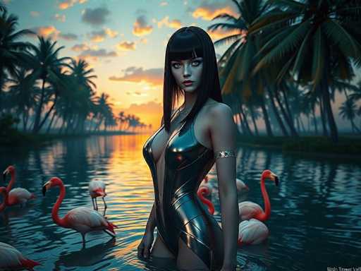 The image depicts a woman standing in water surrounded by pink flamingos. The woman is wearing a black swimsuit and has long dark hair. She is positioned on the left side of the frame with her back to the camera. In the background, there are palm trees swaying gently against a backdrop of a sunset sky filled with clouds.