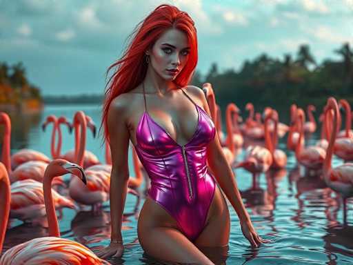 A woman with red hair is standing in a body of water surrounded by pink flamingos. She is wearing a pink swimsuit and has her arms outstretched towards the camera. The background features trees and a blue sky.
