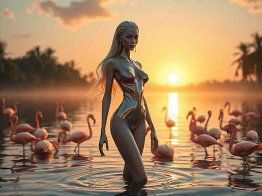 A woman with blonde hair and a gold bodysuit is standing in the water surrounded by pink flamingos.