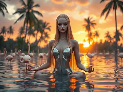 The image depicts a woman sitting in a pool at sunset with her legs crossed and hands resting on her knees. The setting sun casts a warm glow over the scene, illuminating the water and creating a serene atmosphere. In the background, there are palm trees swaying gently against the sky, adding to the tropical ambiance of the image.