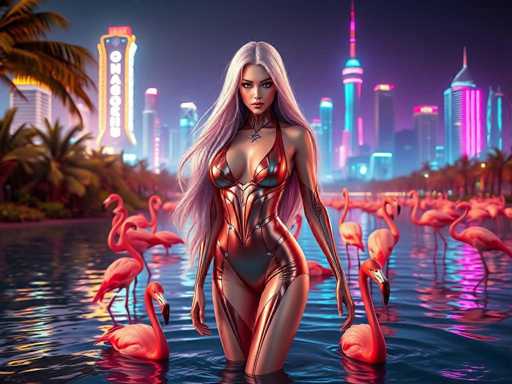 The image depicts a woman standing on her stomach with her arms outstretched and legs apart, surrounded by a group of flamingos. The background features a city skyline at night, with neon lights illuminating the scene.