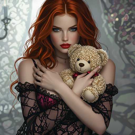 A woman with red hair is holding a teddy bear and wearing a black lace top and pink bra.