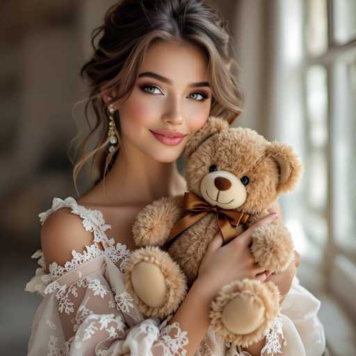 A young woman with long brown hair is holding a light brown teddy bear with a brown bow around its neck and wearing a white lace dress.