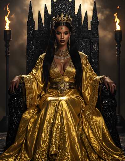 A woman is seated on a throne with a golden crown and robe, wearing a gold necklace and earrings. The background features a castle with a tower and a fireplace, suggesting the scene takes place in a medieval setting.