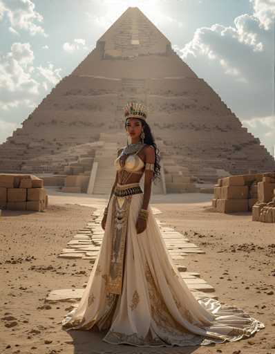 A woman stands in front of a pyramid at the ancient Egyptian ruins of Luxor and Karnak. She is wearing a white dress with gold accents and a crown on her head. The pyramid behind her has multiple levels and intricate carvings.