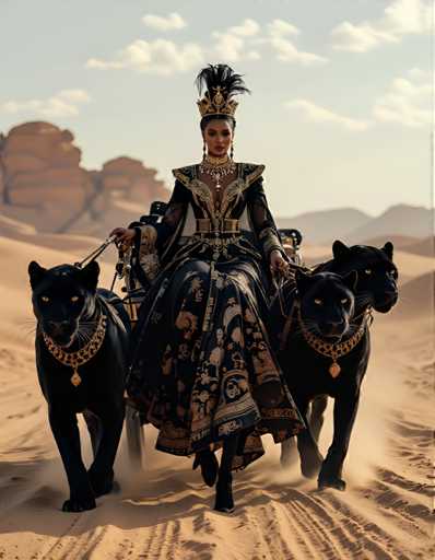 A woman is seen riding on a horse with two black panthers at her feet. The horses and panthers appear to be in motion as the woman holds onto their reins. The background features a desert landscape under a clear blue sky.