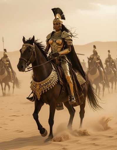 A woman dressed as Cleopatra is riding a brown horse through a desert landscape. The horse has a gold-colored saddle and bridle, and the rider wears a golden helmet with a feather on top.