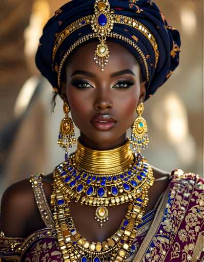 The image shows a woman wearing traditional African jewelry and clothing. She is positioned against a blurred background that suggests an outdoor setting or a busy street. The woman's attire includes a blue head wrap adorned with gold accents, a gold necklace, earrings, and a gold bracelet. Her face features large, expressive eyes and a bold lipstick color.