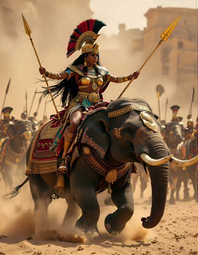 A woman dressed as Cleopatra is riding an elephant through a desert landscape, holding a spear and wearing a headdress with feathers.