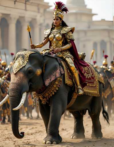 A woman dressed as Cleopatra is riding an elephant on a dirt road. The elephant has gold and red decorations on its head and trunk, and the woman is wearing a golden outfit with a red cape.