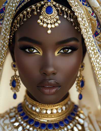 The image shows a close-up portrait of a woman with dark skin and long hair wearing traditional African attire. She is adorned with gold jewelry that includes a large headpiece featuring blue gemstones at the top. The background is blurred, drawing focus to the woman in the foreground.
