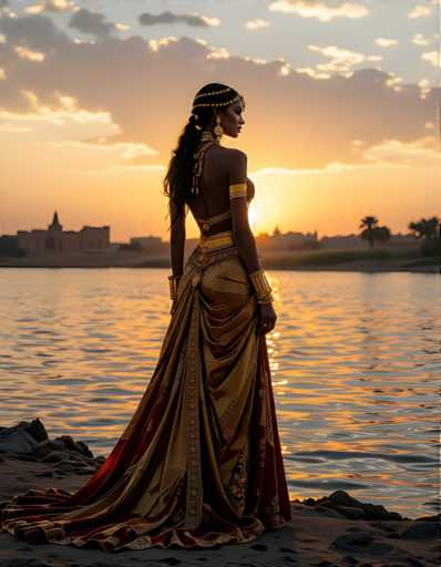 A woman stands on a rocky shore at sunset, wearing a gold and red dress with a gold headpiece and earrings. The sky is painted in warm hues of orange and yellow as the sun sets behind the horizon.