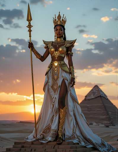 A woman dressed as a queen stands on a stone platform with her right hand holding a spear and her left hand resting on her hip. She is wearing a white dress adorned with gold accents and gold jewelry that includes a crown on her head. The setting appears to be an ancient Egyptian temple, with the sun setting behind it in the background.