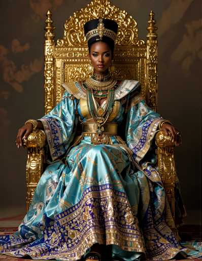 A woman is seated on a golden throne with a blue and gold robe adorned with intricate patterns. She wears a crown and necklace, suggesting she holds a position of authority or importance. The background features a dark color that contrasts with the woman's attire, making her the focal point of the image.