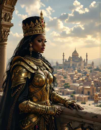 A woman dressed in medieval armor stands on a balcony overlooking a cityscape with a large building and a smaller one in the background.