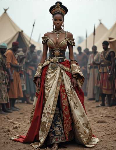 The image shows a woman wearing an ornate red and gold dress with a large headpiece and a crown on her head. She is standing in front of a group of people dressed in traditional African clothing. The background includes tents and other people who appear to be engaged in various activities, suggesting that this scene takes place in Africa or a similar setting.
The woman's attire and the presence of the traditional clothing indicate that she may be participating in an event or celebration related to African culture.