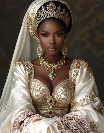 A woman is seated with her legs crossed and wearing a white dress adorned with gold embroidery and a large headpiece featuring a red gemstone at the center of her hair. She is also wearing a gold necklace and earrings that complement her attire. The background is dark, providing a stark contrast to the woman's outfit and making her the focal point of the image.