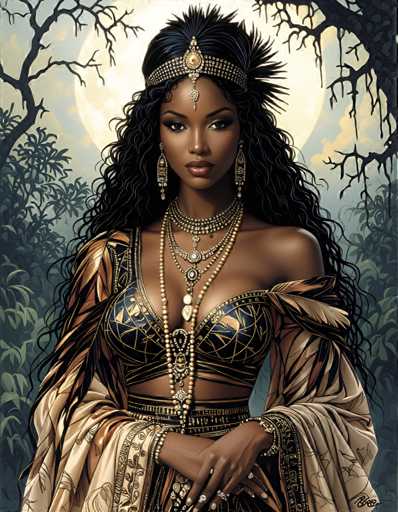 The image depicts a woman with long dark hair wearing a gold and black dress adorned with pearls and other jewels. She is standing against the backdrop of trees and a full moon, creating an ethereal atmosphere. The woman's pose suggests she may be posing for a portrait or photograph.