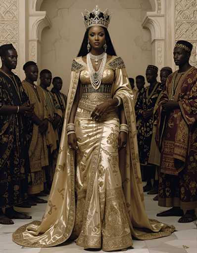 The image depicts a woman wearing an ornate gold and beaded dress with a crown on her head, standing in front of a group of people dressed in traditional African clothing. The background is blurred, but the presence of the group suggests that they are gathered for a special occasion or event.