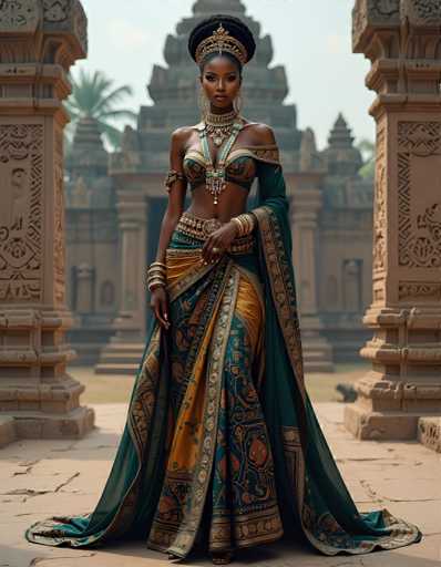 A woman is standing in front of a temple with a green and gold dress on her body and a gold crown on her head. She is wearing earrings and bracelets that complement the colors of her dress. The temple behind her has a brown facade and columns, suggesting an ancient or historical setting.