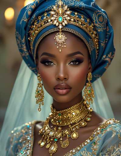 The image shows a woman wearing traditional African attire and jewelry. She is positioned against a gray background with her face prominently featured. The woman's hair is styled in an elegant updo, and she wears a blue head wrap adorned with gold accents that includes a large flower at the top. The woman also has a gold necklace and earrings on her ears.