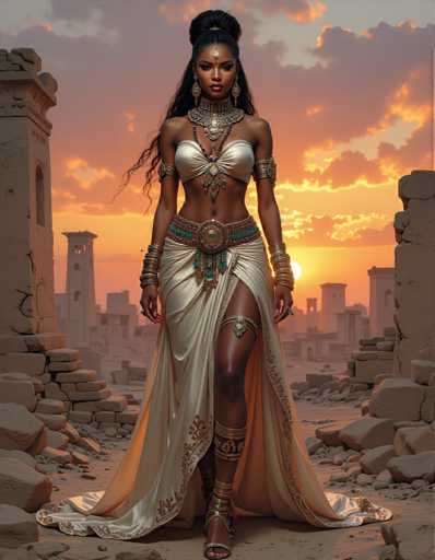 A woman stands in front of ruins at sunset, wearing a white dress with gold accents and intricate beaded jewelry. The sky is painted orange by the setting sun, casting long shadows on the ground below her feet.