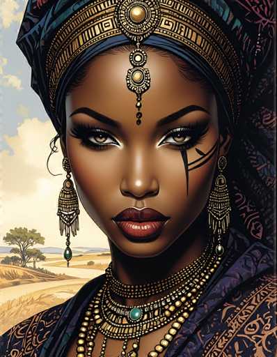 The image shows a close-up portrait of an African woman wearing traditional attire and jewelry. The woman's face is the main focus, with her eyes looking directly at the camera. She has dark skin tones that contrast with the light blue background behind her. The woman is adorned in gold jewelry, including earrings and a headpiece, which adds to the overall regal appearance of the image.